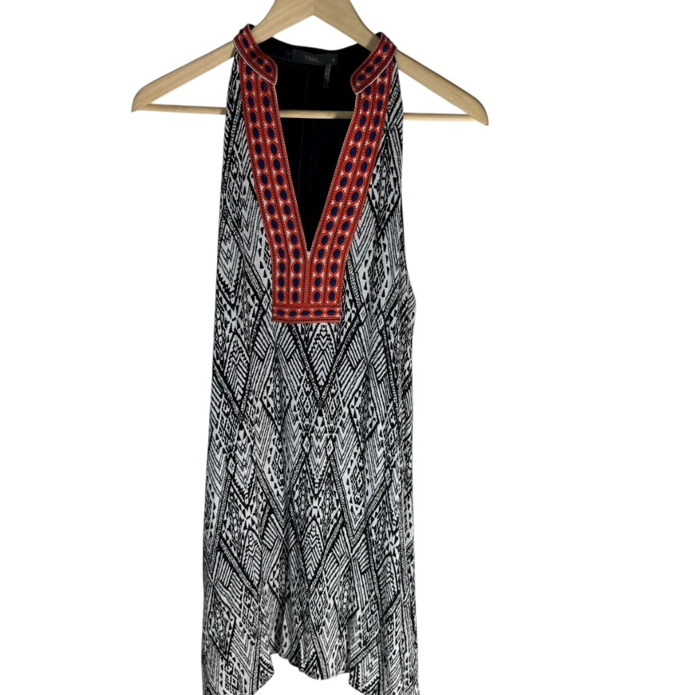 THML Black/White Print Embroidered Neckline Swing Dress Sz M